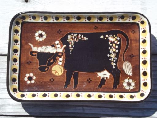 photo of Brown Swiss cow butter plate and milk pitcher, Kohler Biel pottery Switzerland #3