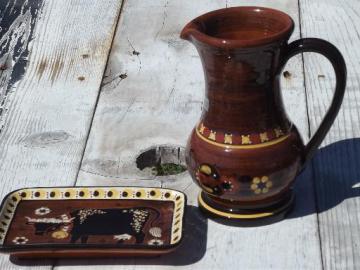 catalog photo of Brown Swiss cow butter plate and milk pitcher, Kohler Biel pottery Switzerland