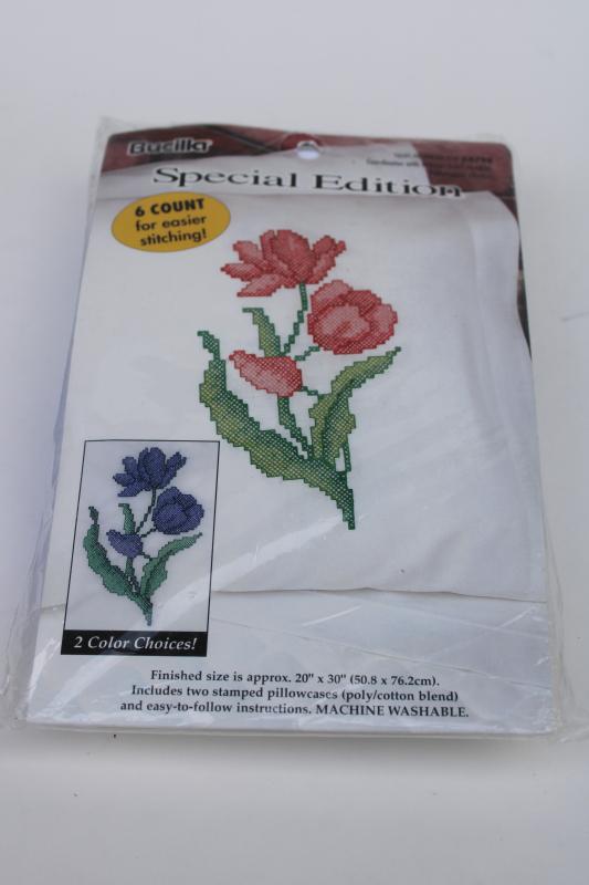 photo of Bucilla pillowcases stamped to embroider, cotton / poly blend linens for embroidery #1