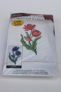 catalog photo of Bucilla pillowcases stamped to embroider, cotton / poly blend linens for embroidery