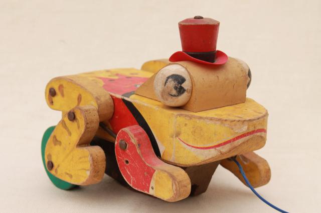 photo of Buddy Bullfrog vintage wood pull toy, 50s 60s early Fisher Price wooden frog #1