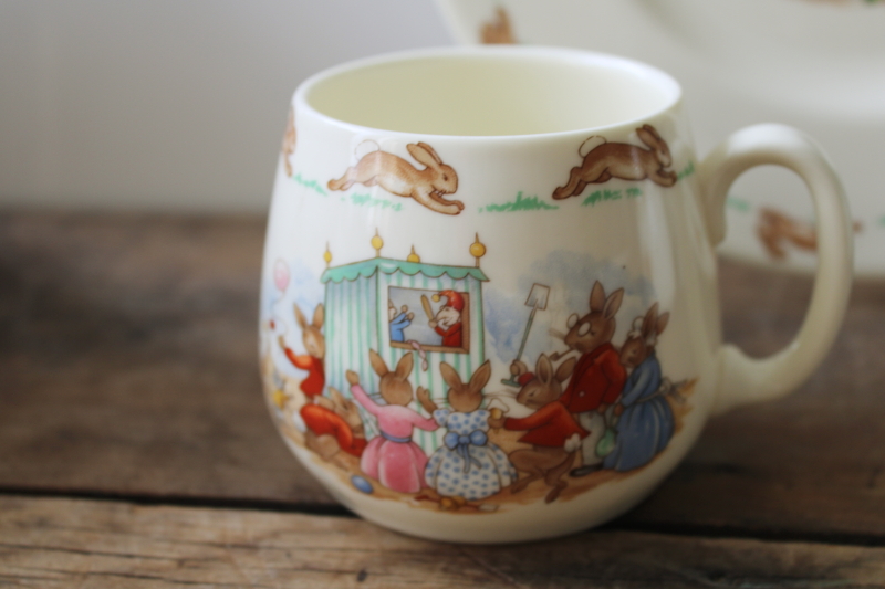 photo of Bunnykins Royal Doulton china, vintage plates, bowls, mugs six different bunny scenes  #10