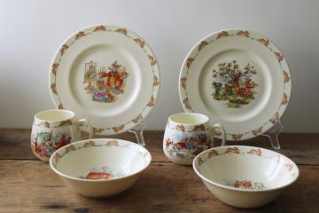 Bunnykins Royal Doulton china, vintage plates, bowls, mugs six different bunny scenes 
