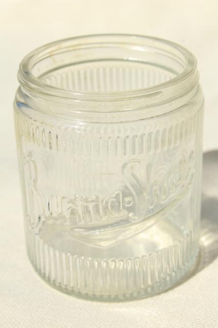 photo of Burma Shave vintage glass jar, Hazel Atlas glass bottle w/ embossed logo #7