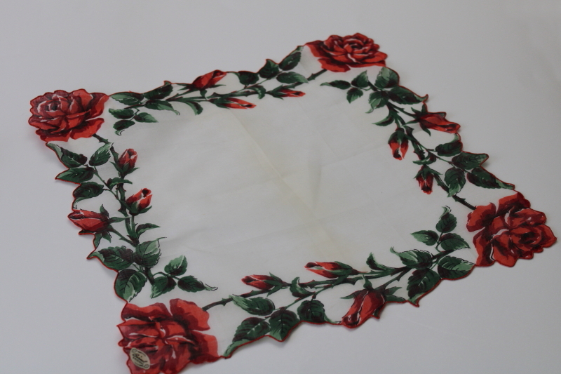 photo of Burmel label vintage Valentines day cotton hanky w/ long stemmed red roses print #2