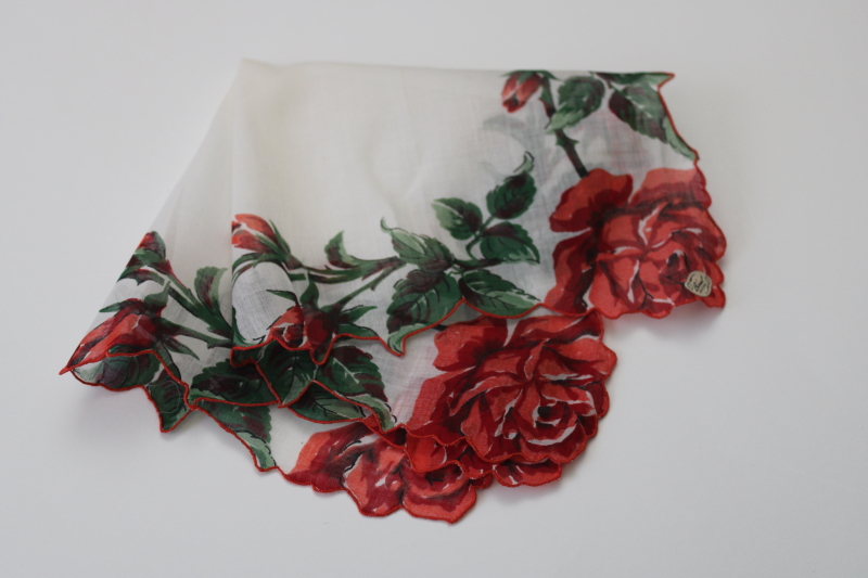 photo of Burmel label vintage Valentines day cotton hanky w/ long stemmed red roses print #4