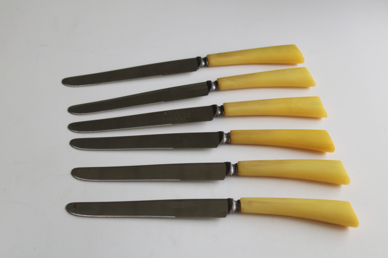 photo of Burns Mfg Syracuse vintage serrated stainless knives butterscotch plastic bakelite handles  #1