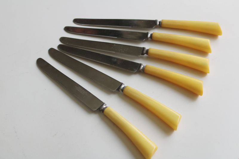 photo of Burns Mfg Syracuse vintage serrated stainless knives butterscotch plastic bakelite handles  #4