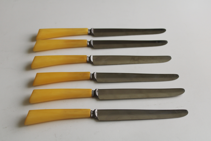 photo of Burns Mfg Syracuse vintage serrated stainless knives butterscotch plastic bakelite handles  #6