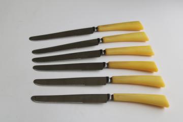 Burns Mfg Syracuse vintage serrated stainless knives butterscotch plastic bakelite handles 