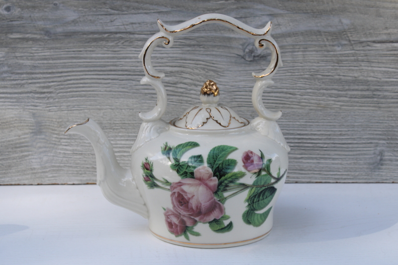 photo of Burton & Burton china Romantic Rose teapot, Victorian style tea kettle shape cottage core #1