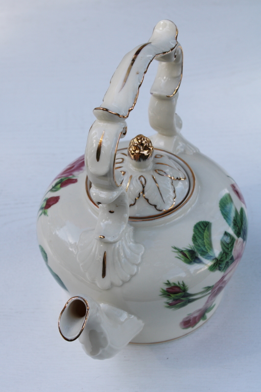 photo of Burton & Burton china Romantic Rose teapot, Victorian style tea kettle shape cottage core #2