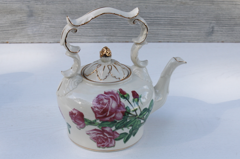 photo of Burton & Burton china Romantic Rose teapot, Victorian style tea kettle shape cottage core #3