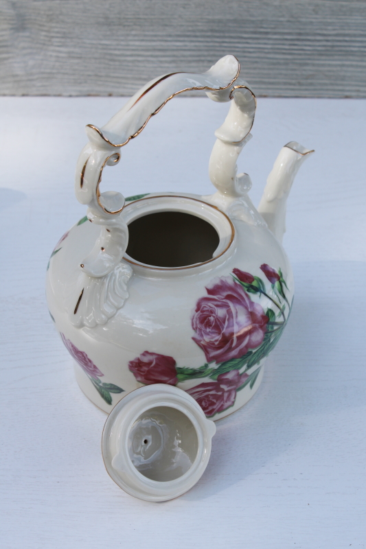 photo of Burton & Burton china Romantic Rose teapot, Victorian style tea kettle shape cottage core #4