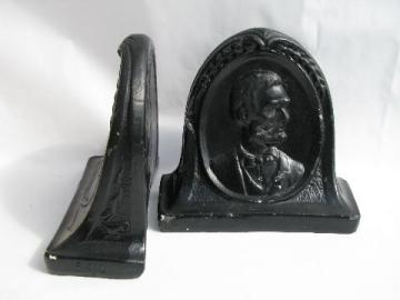 catalog photo of Bust of Lincoln, pair vintage chalkware book ends, painted plaster