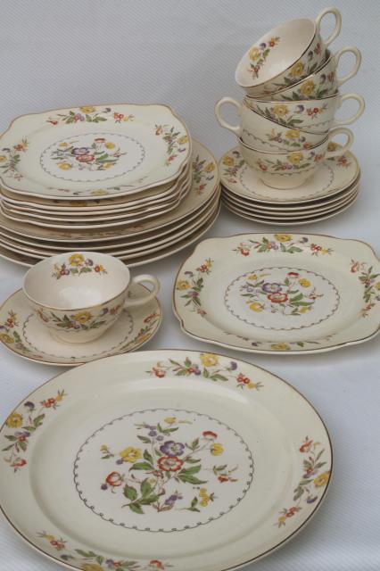 photo of Buttercup Paden City vintage china cups & saucers, square plates, dinner plates set #1