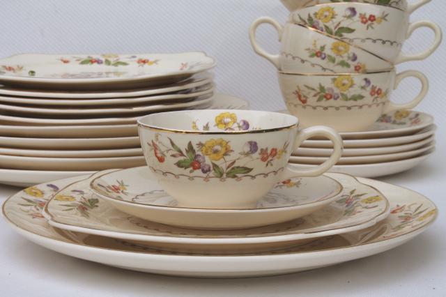 photo of Buttercup Paden City vintage china cups & saucers, square plates, dinner plates set #3