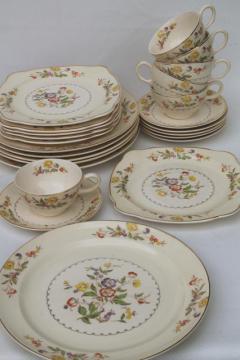 catalog photo of Buttercup Paden City vintage china cups & saucers, square plates, dinner plates set