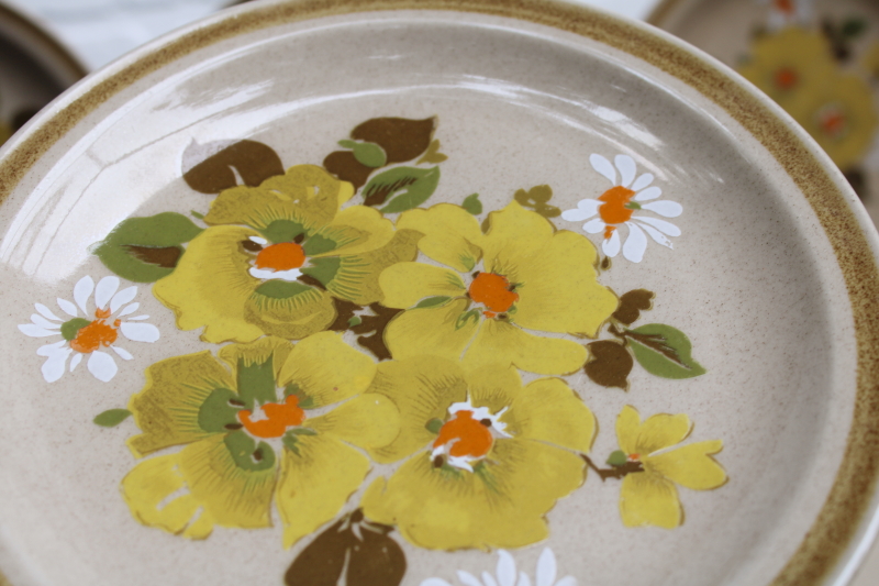 photo of Buttercup yellow mod floral International stoneware salad plates 70s vintage dishes made in Japan #2
