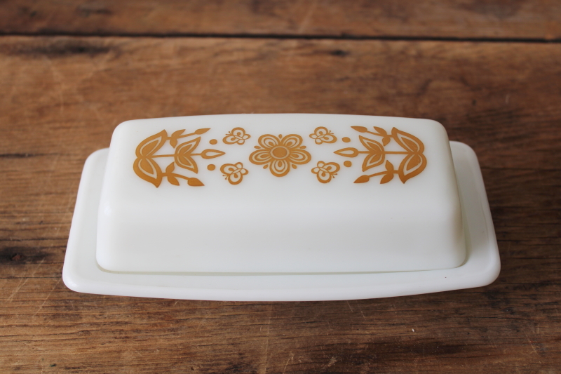photo of Butterfly Gold Pyrex butter dish 70s vintage, plain white butter plate w/ print pattern lid #1
