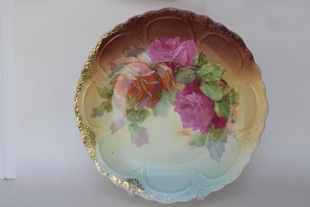 photo of C Wilms painted roses antique vintage china charger plate or large round tray #1