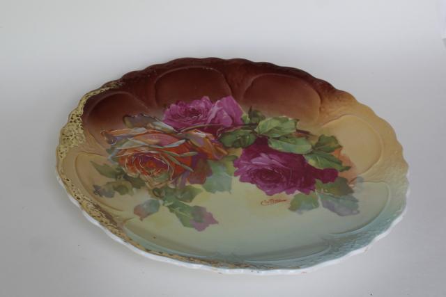 photo of C Wilms painted roses antique vintage china charger plate or large round tray #7