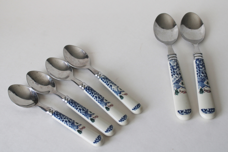 photo of Cabin in the Snow plastic handled stainless flatware, soup spoons & teaspoons Tienshan stoneware go-along  #1