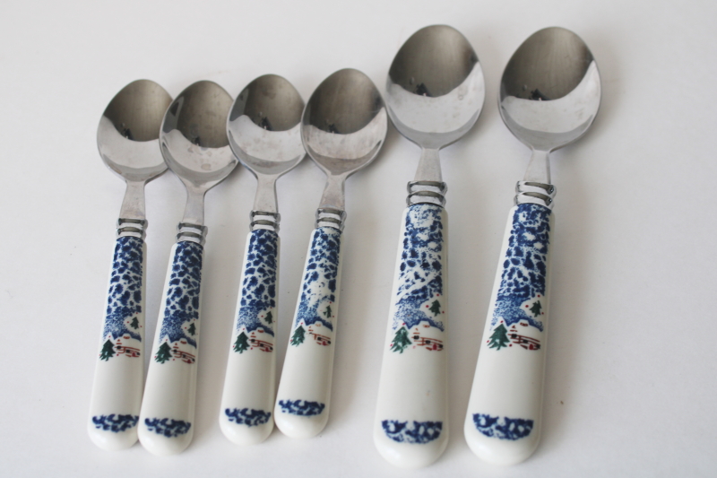 photo of Cabin in the Snow plastic handled stainless flatware, soup spoons & teaspoons Tienshan stoneware go-along  #2