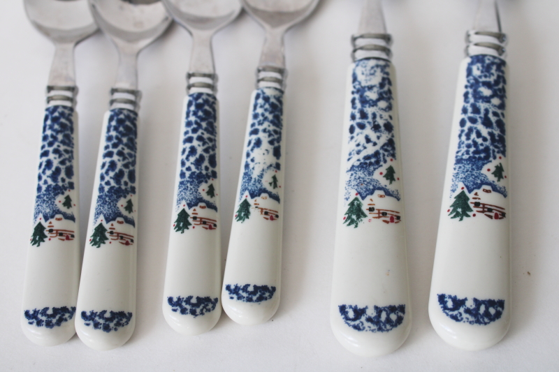 photo of Cabin in the Snow plastic handled stainless flatware, soup spoons & teaspoons Tienshan stoneware go-along  #3