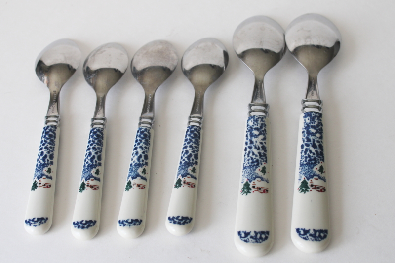 photo of Cabin in the Snow plastic handled stainless flatware, soup spoons & teaspoons Tienshan stoneware go-along  #4