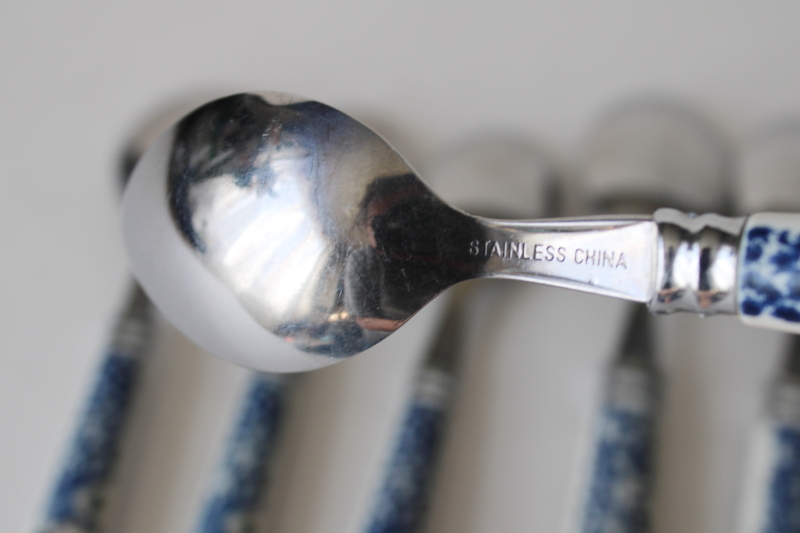 photo of Cabin in the Snow plastic handled stainless flatware, soup spoons & teaspoons Tienshan stoneware go-along  #5