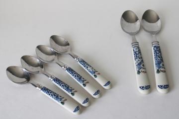 catalog photo of Cabin in the Snow plastic handled stainless flatware, soup spoons & teaspoons Tienshan stoneware go-along 