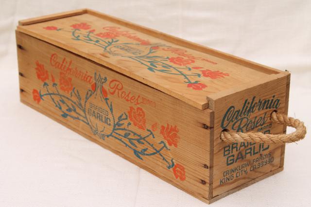 photo of California Roses garlic box, vintage wood packing box fruit crate w/ rope handles #1