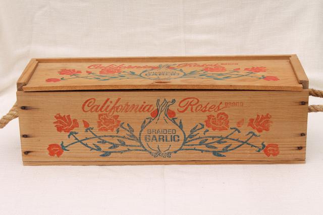 photo of California Roses garlic box, vintage wood packing box fruit crate w/ rope handles #3