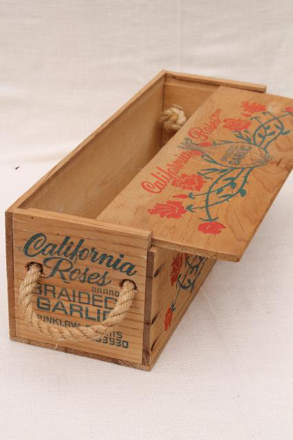 photo of California Roses garlic box, vintage wood packing box fruit crate w/ rope handles #5