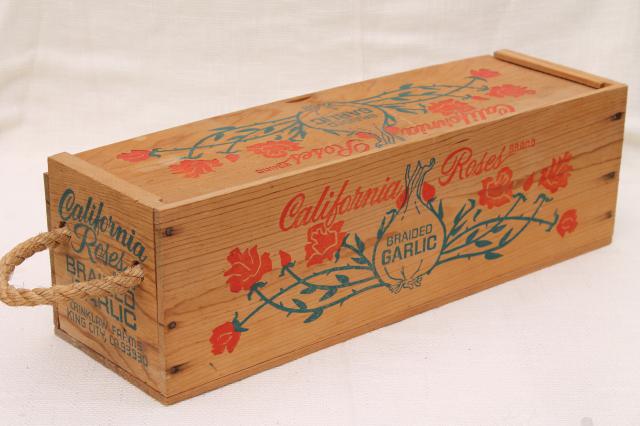 photo of California Roses garlic box, vintage wood packing box fruit crate w/ rope handles #6