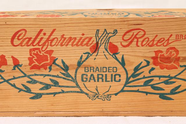 photo of California Roses garlic box, vintage wood packing box fruit crate w/ rope handles #7