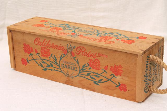 photo of California Roses garlic box, vintage wood packing box fruit crate w/ rope handles #8