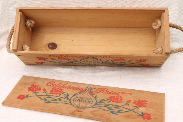 photo of California Roses garlic box, vintage wood packing box fruit crate w/ rope handles #9