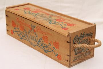 catalog photo of California Roses garlic box, vintage wood packing box fruit crate w/ rope handles