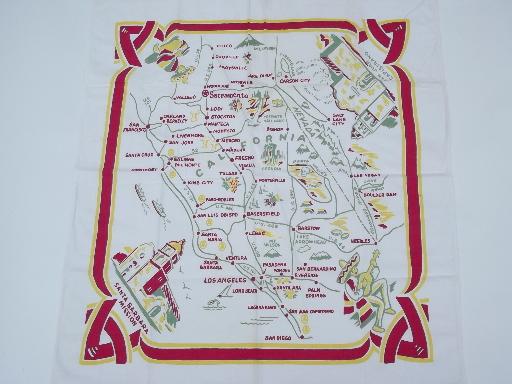 photo of California souvenir map print, 50s vintage printed cotton kitchen tablecloth #1