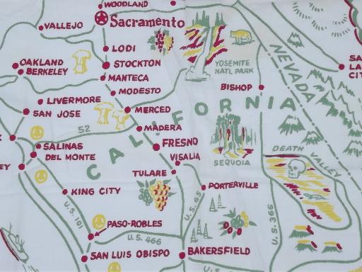 photo of California souvenir map print, 50s vintage printed cotton kitchen tablecloth #2