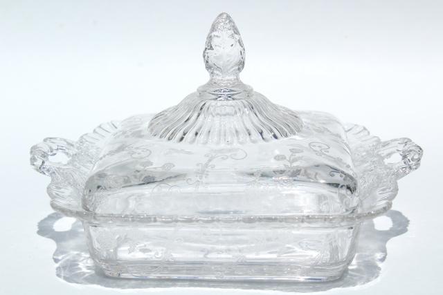 photo of Cambridge Elaine etched glass square covered butter dish or comb honey box #4