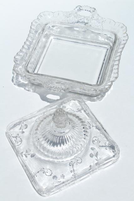 photo of Cambridge Elaine etched glass square covered butter dish or comb honey box #5