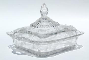 catalog photo of Cambridge Elaine etched glass square covered butter dish or comb honey box