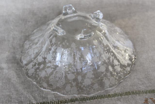 photo of Cambridge Rose Point chintz floral etch vintage elegant glass four toed footed bowl #4