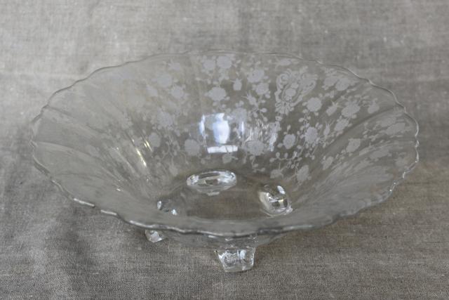 photo of Cambridge Rose Point chintz floral etch vintage elegant glass four toed footed bowl #5