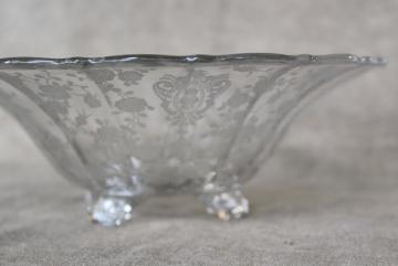 catalog photo of Cambridge Rose Point chintz floral etch vintage elegant glass four toed footed bowl