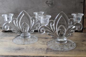 catalog photo of Cambridge Rose Point vintage etched glass candle holders, double light candelabra