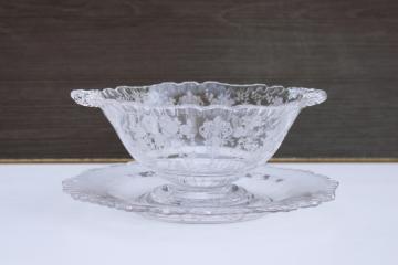 catalog photo of Cambridge rose point etched crystal footed mayonnaise or sauce bowl w/ plate, vintage elegant glass